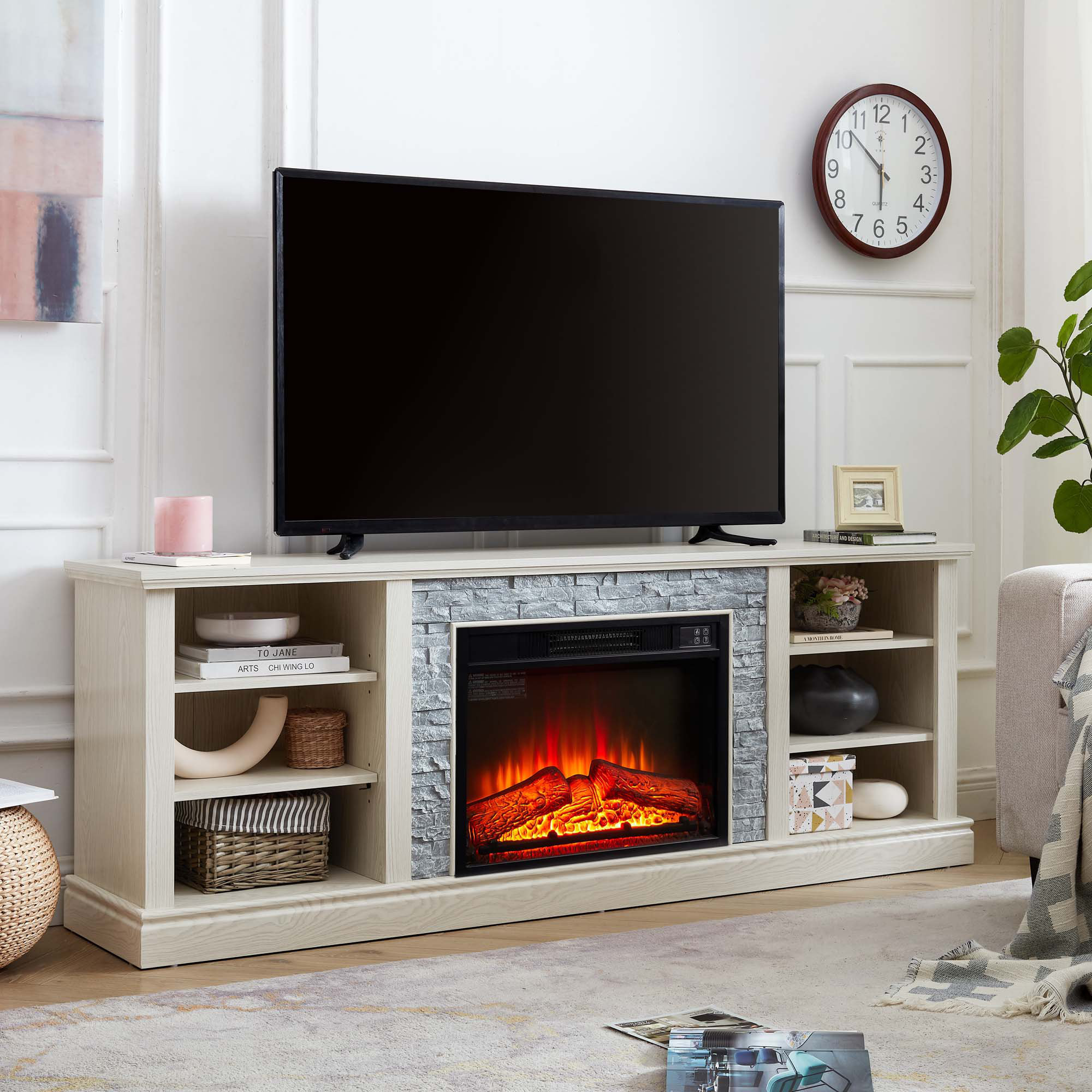 Lark Manor TV Stand Electric Fireplace Glass Shelves, 3D Fireplace TV ...